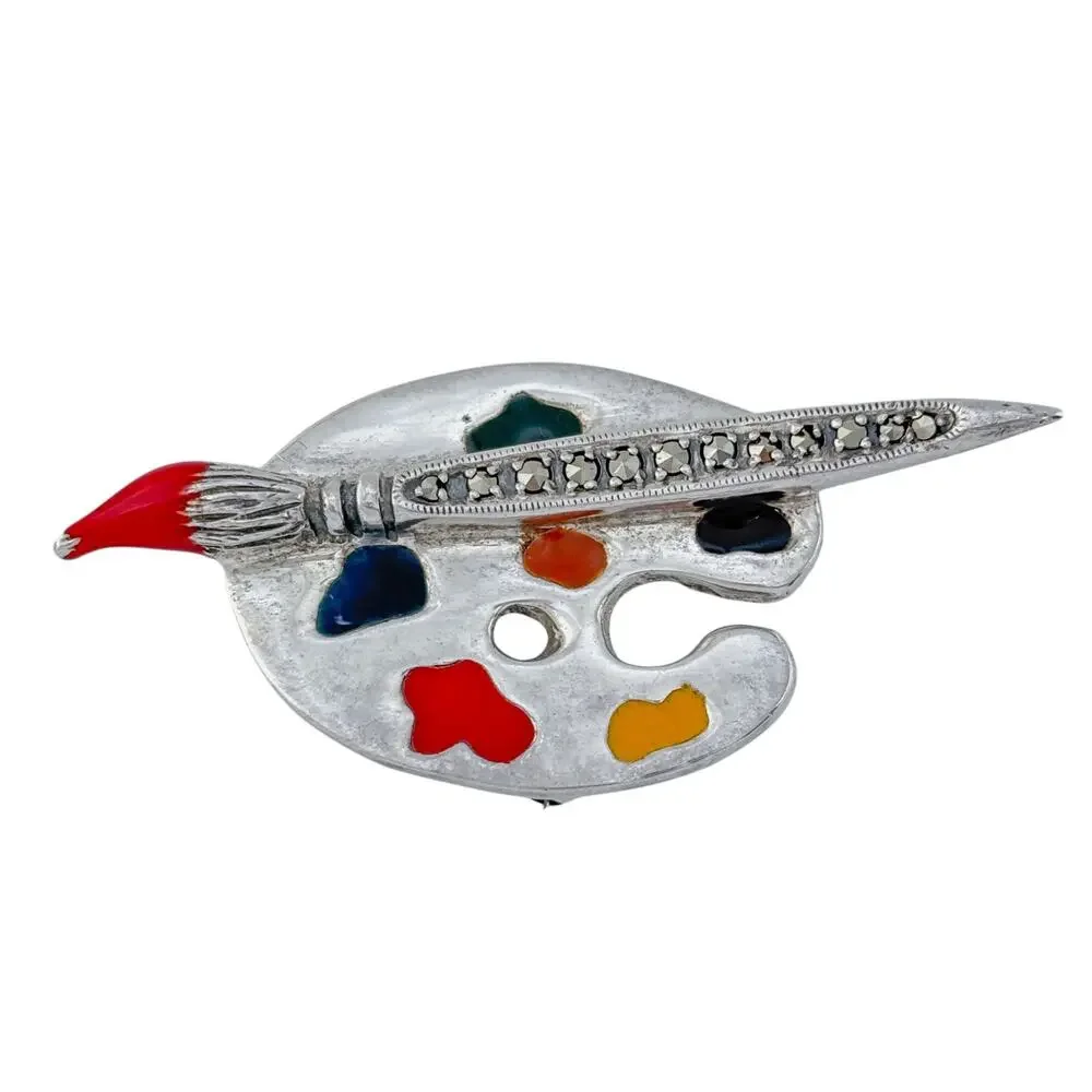 Vintage Sterling Silver 925 Artist Palette Marcasite Brooch